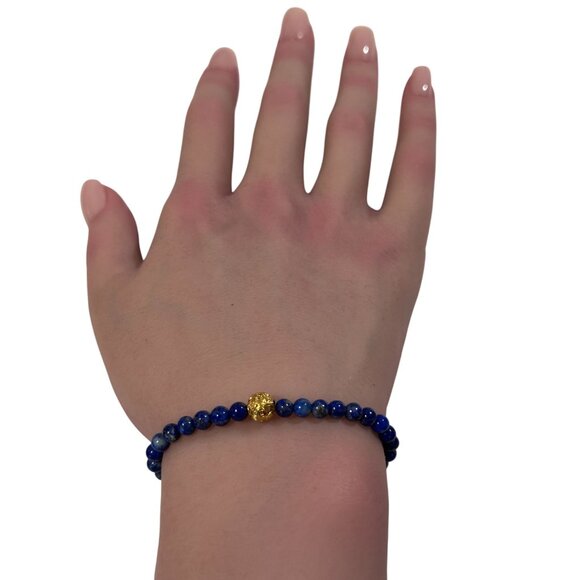 18K Gold Money Coin Ball Lucky Charm Bracelet Mini Gemstone Natural Lapis Lazuli - Picture 7 of 7